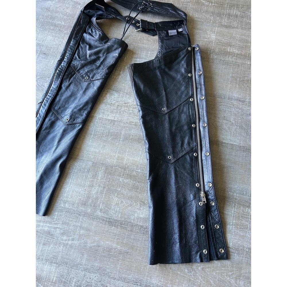 Wilsons Leather Black Motorcycle Chaps Womens M Rear Lace Waist Snap Zip - Picture 8 of 16